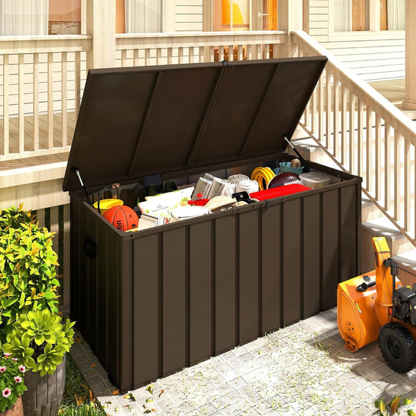 English Elm 200 Gallon Galvanized Steel Outdoor Deck Box Lockable Weatherproof Patio Pool Storage Brown W1859P445937