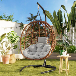 English Elm U_style Wicker Hanging Egg Chair with Stand Foldable Indoor Outdoor Swing Seat Brown+Gray N711P389503G