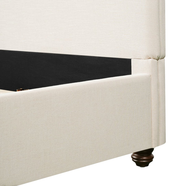 English Elm King Upholstered Bed Linen Fabric Rolled Headboard Rubberwood Legs Primary Bedroom Beige N757K384825I