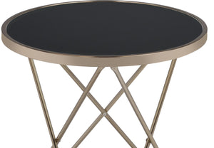 English Elm 1pc Mid-Century End Table with Frosted Round Glass Top and Sleek Metallic Frame, 22" Square Black,Champagne 24.5 L x 33.5 W x 5 H B2741P332644