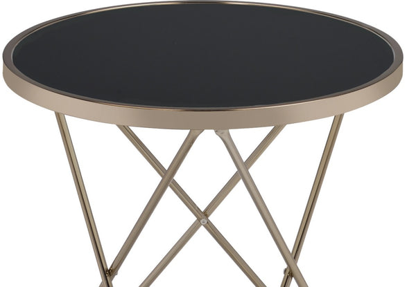 English Elm 1pc Mid-Century End Table with Frosted Round Glass Top and Sleek Metallic Frame, 22" Square Black,Champagne 24.5 L x 33.5 W x 5 H B2741P332644