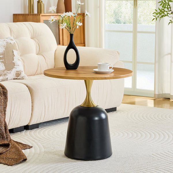 English Elm 23.6 Inch Round Side Table with Metal Base Warm Grain Top for Living Room or Office Wood W2920P407666