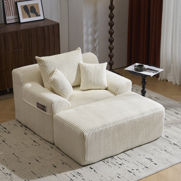 English Elm Oversized corduroy chaise lounge with ottoman, plush boneless sofa, ergonomic pillows for relaxing comfort Beige W1901P278402