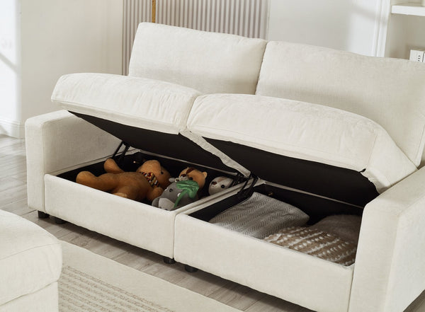 English Elm 72.05" L-shaped Sectional Sofa Cloud Cushion Polyester with Storage Ottoman Small Space Beige W1669S00050