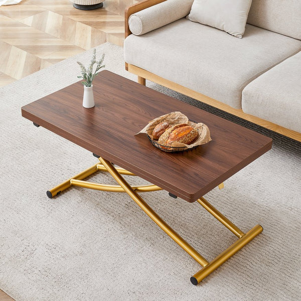 English Elm Modern Adjustable Lift Table Walnut Grain Mdf Top Slim Metal Legs Home Office Use Dark Walnut,Gold W1151P302106