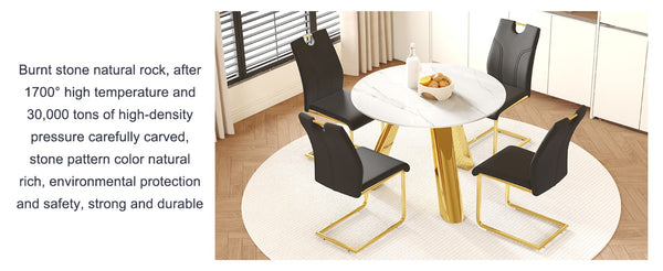 English Elm Table 5-Piece Set: 42-Inch Round Stainless Steel Dining Table With Elegant Black Chairs & Gold Legs W2920S00047-GIGA