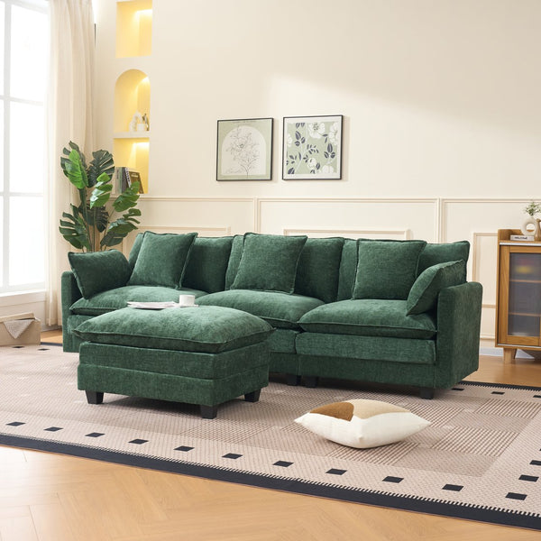 English Elm Beige Chenille Sectional Sofa with Modular Ottoman for Living Room or Studio Dark Green W2603S00004