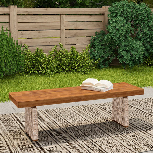 English Elm Christopher Knight Home® - Outdoor Acacia Wood Bench With Teak Finish & Handwoven Brown Wicker Legs For Stylish Seating N773P286716B
