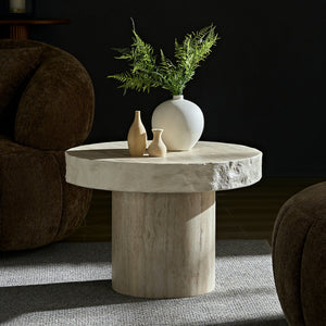 English Elm 23.82 Inch Round Fiberglass Coffee Table Sculptural Stone Texture for Modern Living Rooms W876P450500