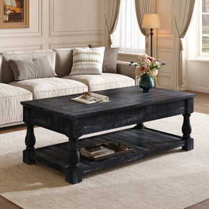 English Elm Farmhouse Lift Top Coffee Table Solid Wood Two Tier Hidden Storage Living Room W1445P412360