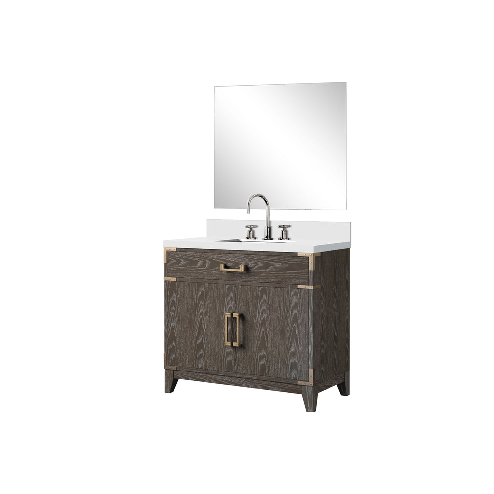 English Elm Brown Oak Single Bath Vanity Set With White Quartz Top, 34" Mirror & Chrome Faucet – Modern Elegance B2731S02009