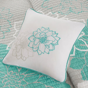 English Elm 6 Piece Printed Cotton Quilt Set with Embroidered Decorative Pillows OEKO-TEX Reversible Floral design for Full/Queen Aqua 22.83 L x 18.11 W x 11.42 H B03597445