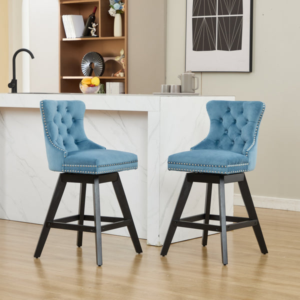 English Elm Swivel Velvet Barstools with Tufted Back Support, 360° Rotation, Foam & Spring Cushion, Sturdy Wooden Frame Light Blue W1143P369089