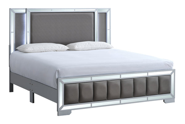 English Elm Murry Full Bed Faux Leather Headboard Led Backlit Mirror Panel Glam Silver Frame B078S00651