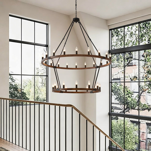 English Elm Large Two Tier Wagon Wheel Chandelier 32 Light Farmhouse Metal Wood Grain Foyer W5008P464922