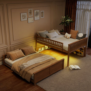 English Elm Full Xl Over Queen Bunk Bed Pinewood Frame with Led Lights Shelving Pegboard Brown LT000279AAP