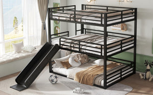 English Elm Queen Metal Triple Bunk Bed With Slide - Space-Saving, Heavy-Duty Design, Safety Guardrails In Black W1580S00172-GIGA