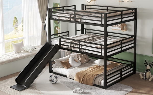 English Elm Queen Metal Triple Bunk Bed With Slide - Space-Saving, Heavy-Duty Design, Safety Guardrails In Black W1580S00172-GIGA