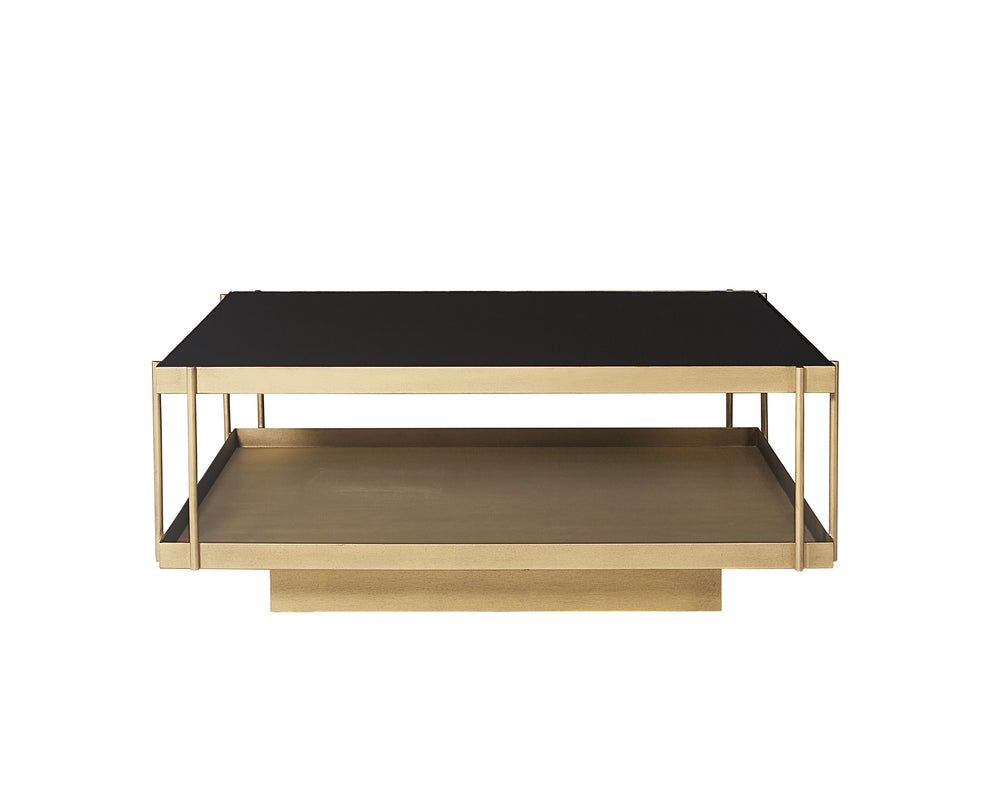Sunpan Finch Coffee Table - Stunning Mid-Century Design with Black Glass Top & Antique Brass Shelf, 40" Square