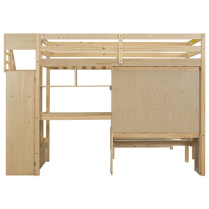 English Elm Twin Over Twin Loft Bed with Built-In Desk, Stairs, Shelving and Storage Headboard for Space-Saving Rooms Natural GX000465AAN