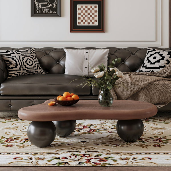 English Elm 47 Inch Organic Cloud Silhouette Coffee Table with Sculptural Ball Legs for Living Rooms Black + Dark Walnut W1435S00034