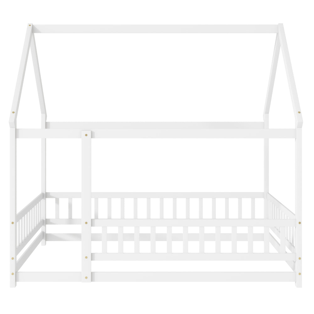 English Elm Full Size House Floor Bed With Roof Frame & Safety Guardrails - Cozy, Imaginative Retreat For Kids W504P286408