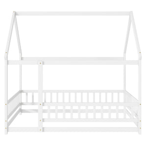 English Elm Full Size House Floor Bed With Roof Frame & Safety Guardrails - Cozy, Imaginative Retreat For Kids W504P286408