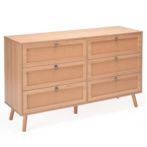 English Elm Rattan 6-Drawer Double Dresser with Handwoven PE Rattan Fronts, Wood Top, Copper Pulls, Spacious Storage Natural T3623P411337