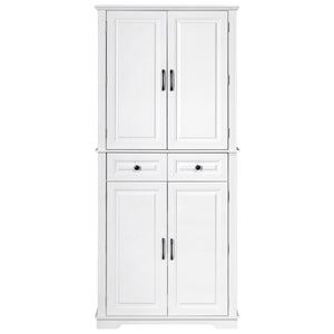 English Elm K&K 71" Tall Farmhouse Pantry Cabinet with Groove Edges, 3 Pull-Out Organizers, 6 Door Shelves White N707P256507W