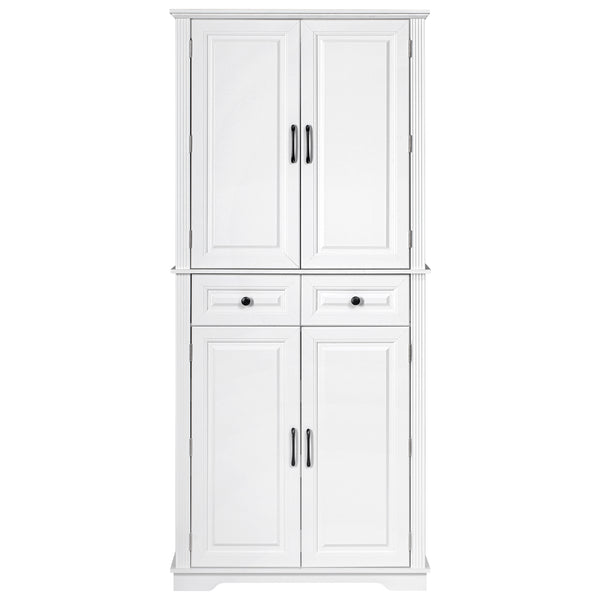 English Elm K&K 71" Tall Farmhouse Pantry Cabinet with Groove Edges, 3 Pull-Out Organizers, 6 Door Shelves White N707P256507W