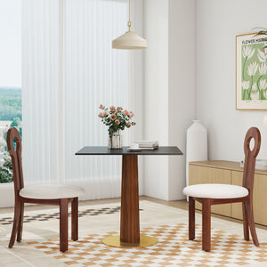 English Elm Modern Square Dining Table - 33.5" Space-Saving Sintered Stone Top With Wooden Legs & Gold Base W1535S00595