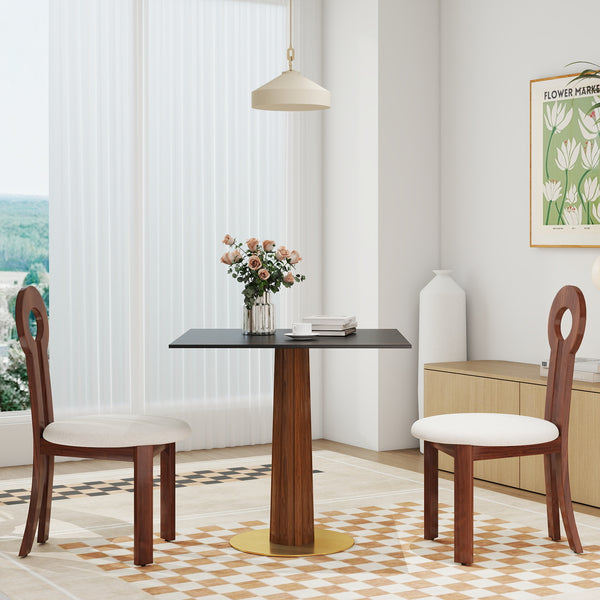 English Elm Modern Square Dining Table - 33.5" Space-Saving Sintered Stone Top With Wooden Legs & Gold Base W1535S00595