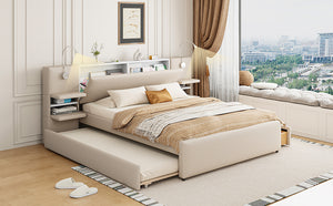 English Elm Queen Linen Upholstered Platform Bed with Storage Drawers, Trundle, Flip-Up Headboard & Lights Beige SF000187AAA