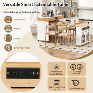 English Elm Trexm Rolling Kitchen Island Extendable Marble Top Cabinet Drawers Power Outlet Creamy White,Natural XW000029AAN