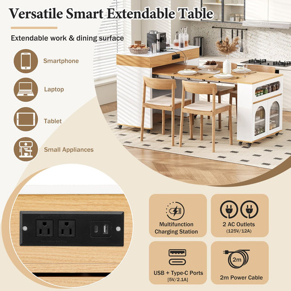 English Elm Trexm Rolling Kitchen Island Extendable Marble Top Cabinet Drawers Power Outlet Creamy White,Natural XW000029AAN