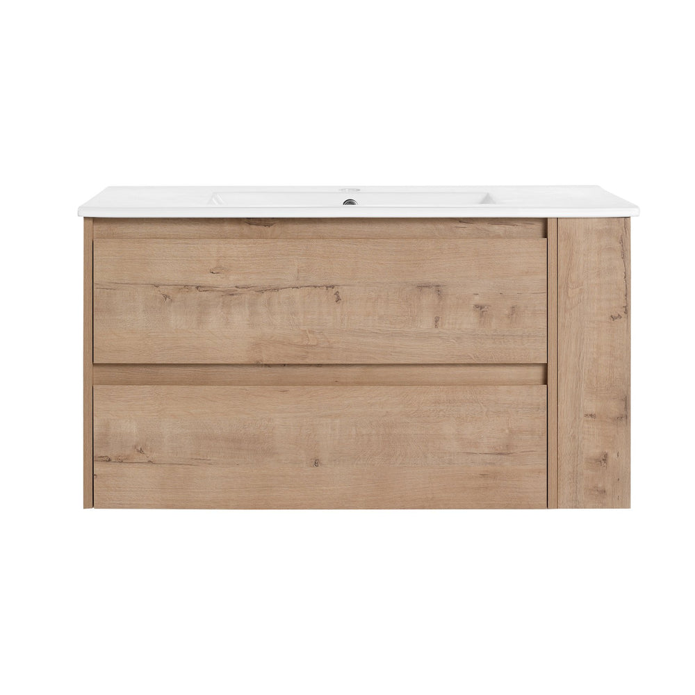English Elm 36" Wall Mounting Bathroom Vanity With Ceramic Sink, Side Adjustable Shelf, Soft-Close Drawers, Water-Resistant Plywood Finish W999S00142