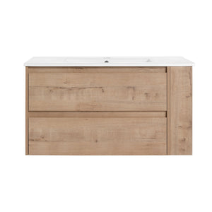 English Elm 36" Wall Mounting Bathroom Vanity With Ceramic Sink, Side Adjustable Shelf, Soft-Close Drawers, Water-Resistant Plywood Finish W999S00142