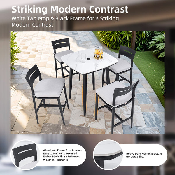 English Elm Modern 5Pc Outdoor Patio Bar Set – Stylish Sintered Stone Table & Comfortable Aluminum Stools! W1886S00022