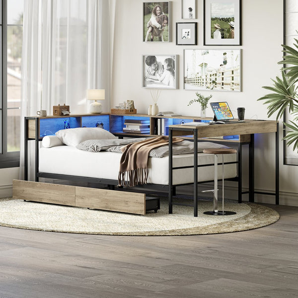 English Elm Corner Full Bed Frame with Bookcase, LED Light & USB Charging, Reversible Daybed w/2 Drawers, Grey W1670P314268