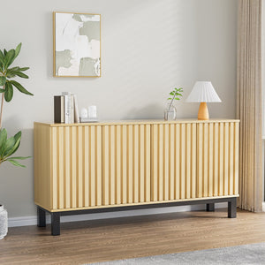 English Elm Sideboard Fluted Credenza with Soft Close Doors Walnut Finish Mid Century Storage T3773P417322