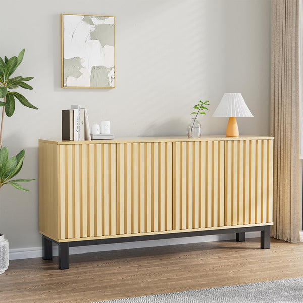 English Elm Sideboard Fluted Credenza with Soft Close Doors Walnut Finish Mid Century Storage T3773P417322