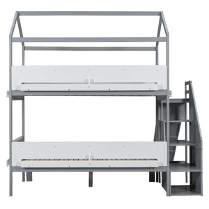 English Elm House-shaped Pine Bunk Bed with Built-in Slide Storage Staircase Twin Over Full Kids Frame Grey+White N820S00082E