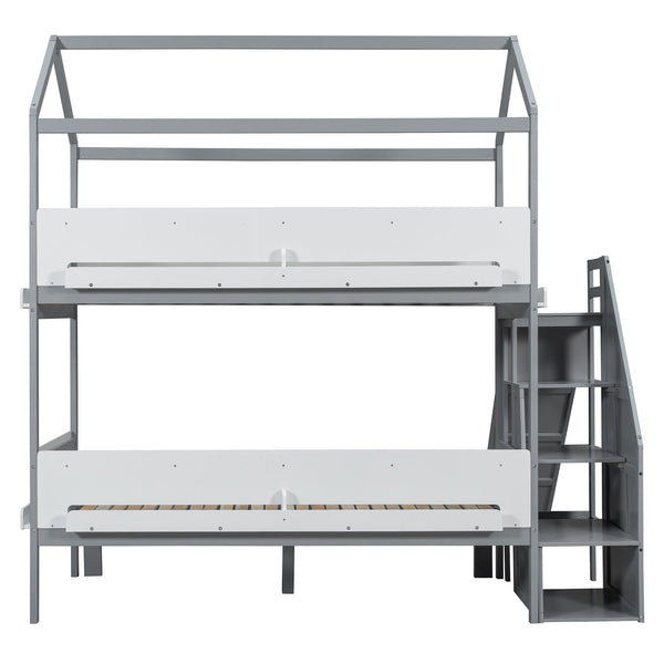 English Elm House-shaped Pine Bunk Bed with Built-in Slide Storage Staircase Twin Over Full Kids Frame Grey+White N820S00082E