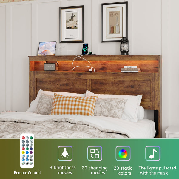 English Elm Bed Frame Queen Size - Modern Wood Platform Bed With Led Headboard, Usb Ports, And Storage Space W636P233483