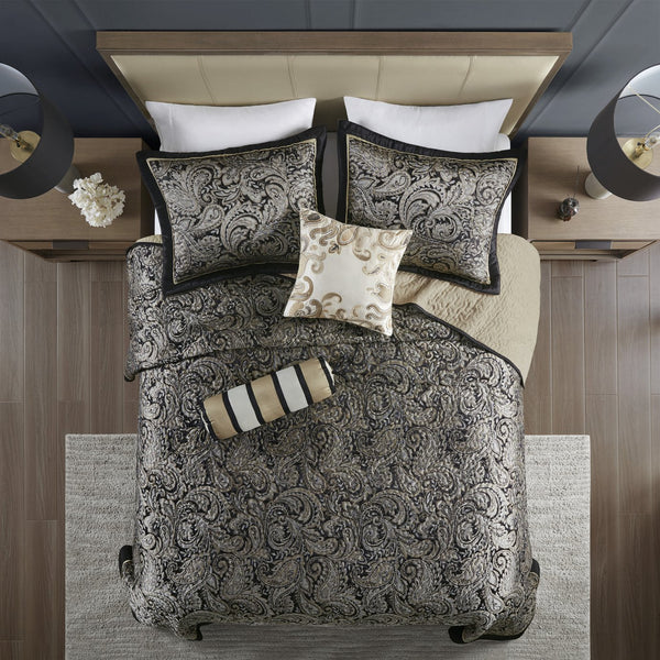 English Elm 5 Piece Aubrey Reversible Jacquard Bedspread Set King with Paisley Motif, Gold Sheen, Quilted Elegance Black 22.83 L x 18.11 W x 8.27 H B03597642