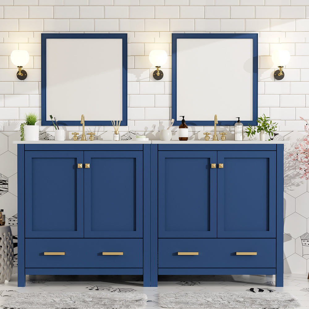 English Elm 60" Blue Double Vanity with Ceramic Sinks, Solid Wood Frame, Divided Drawers & Soft-Close Doors N729P000001C