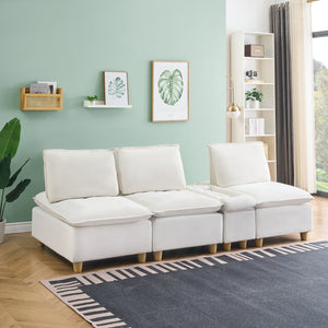 English Elm 104-inch pumpkin flannel three-seater sofa with storage cabinet, cup holders, adjustable backrest, comfy modern design Beige W1658S00096