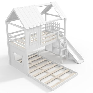 English Elm Twin Over Full Playhouse Bunk Bed with Slide Ladder Storage Shelves and Wardrobe Light White W5305S00039