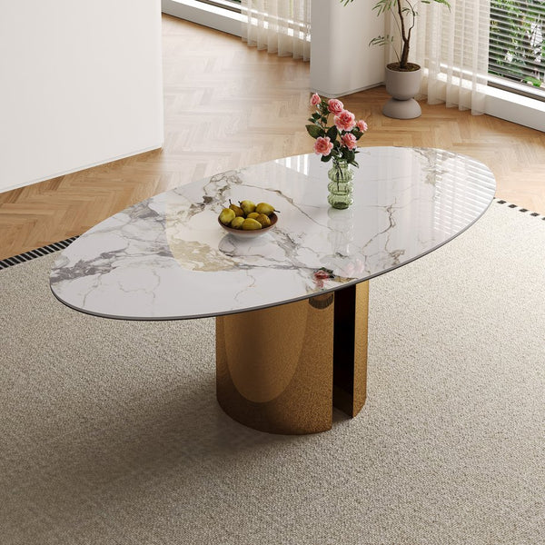 English Elm 70.9-Inch Sintered Stone Oval Dining Table With Copper Base – Modern, Sturdy, Family-Friendly Design! W509S00150