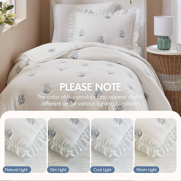 English Elm 2-piece Floral Embroidered Twin Quilt Set Romantic Ruffled Border Soft Down Alternative Fill White+Blue B035P463189